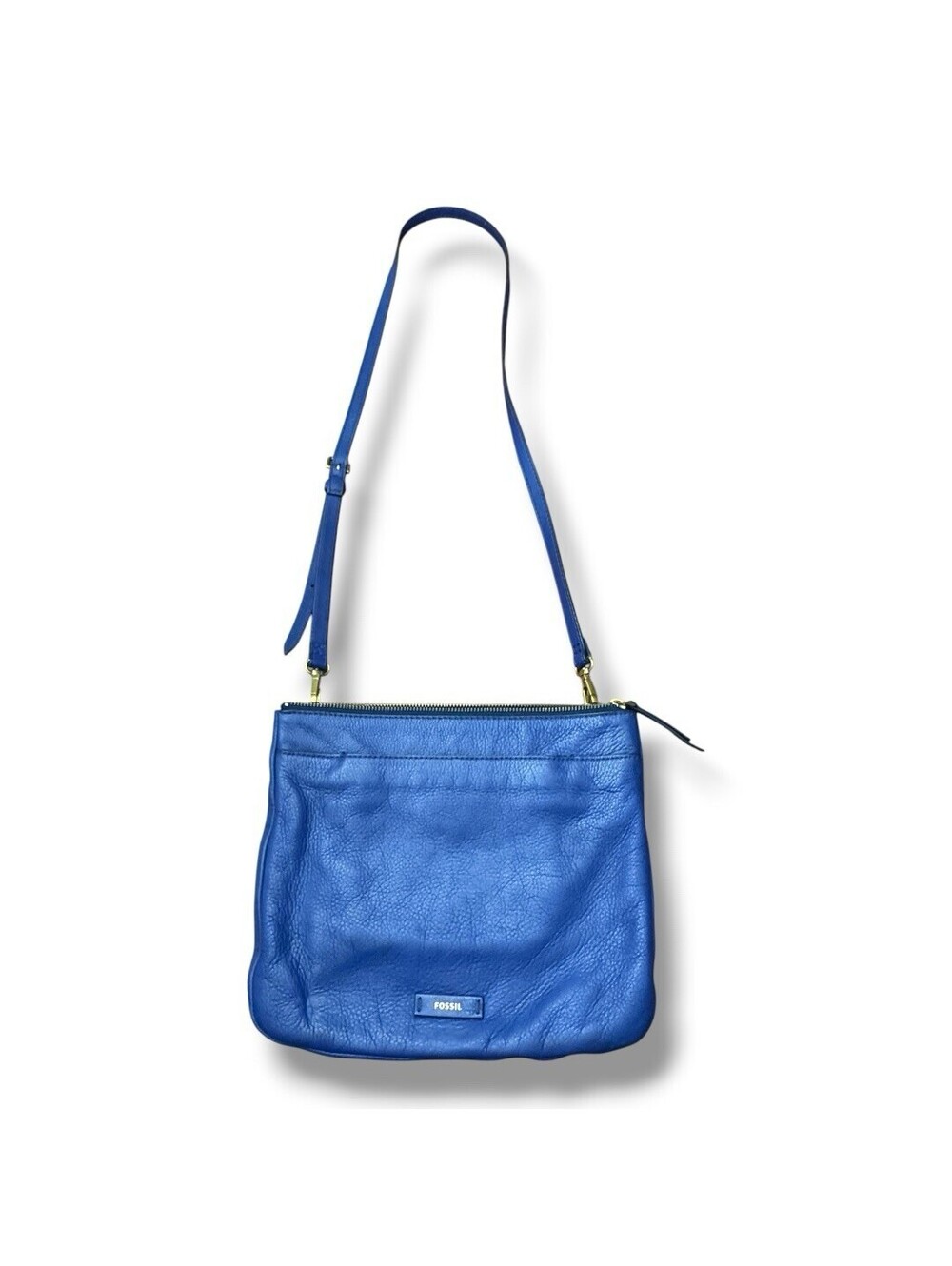 Fossil Blue Leather Crossbody Bag Gold Zipper Hardware Medium Classic Purse